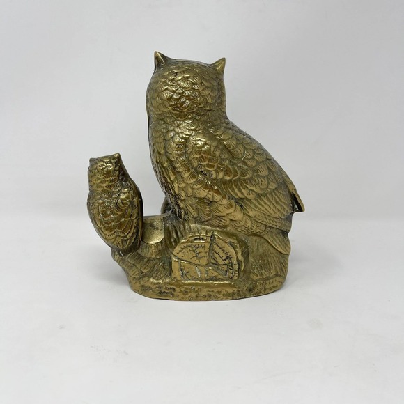 VTG MCM Brass Owl Family Branch Figurine Sculpture Decor Woodland Animal - Picture 4 of 9